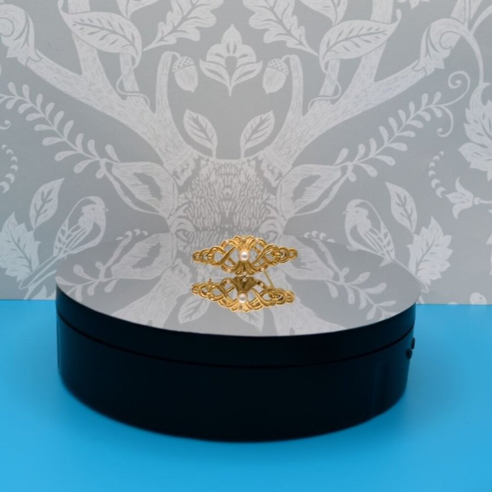 Pearl Accented Gold Filigree Brooch Pin Caroline C Estate Collection Piece